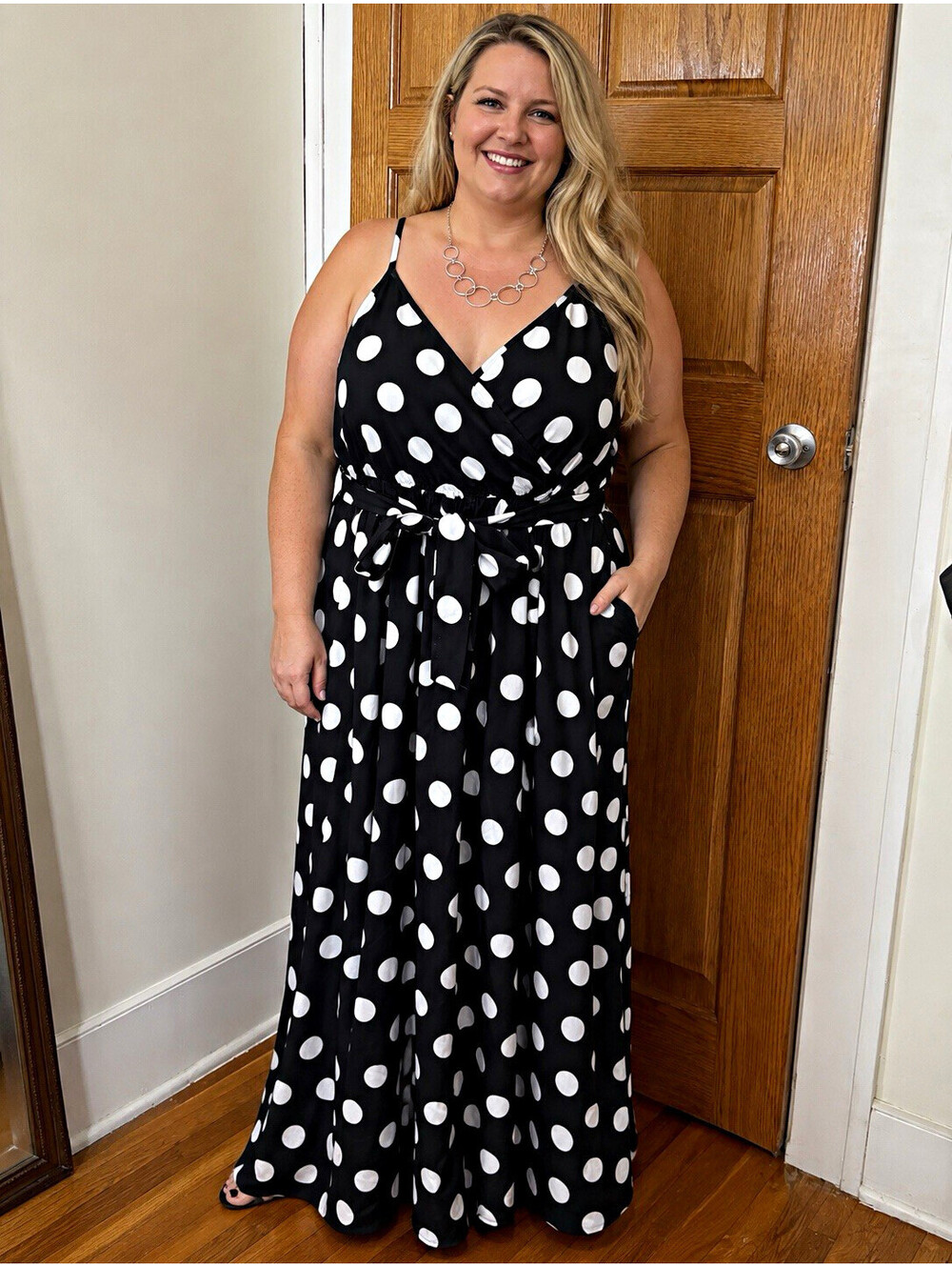 SHEIN Curve Women's 4XL Black White Polka Dot Wide-Leg V-Neck Belted Long Dress